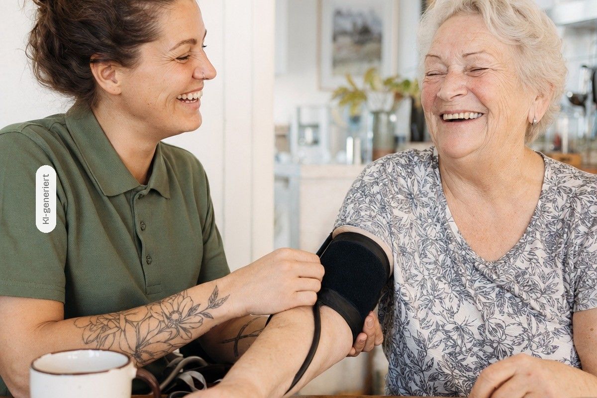 KI-generiert: Eine Pflegekraft misst einer lachenden Seniorin den Blutdruck