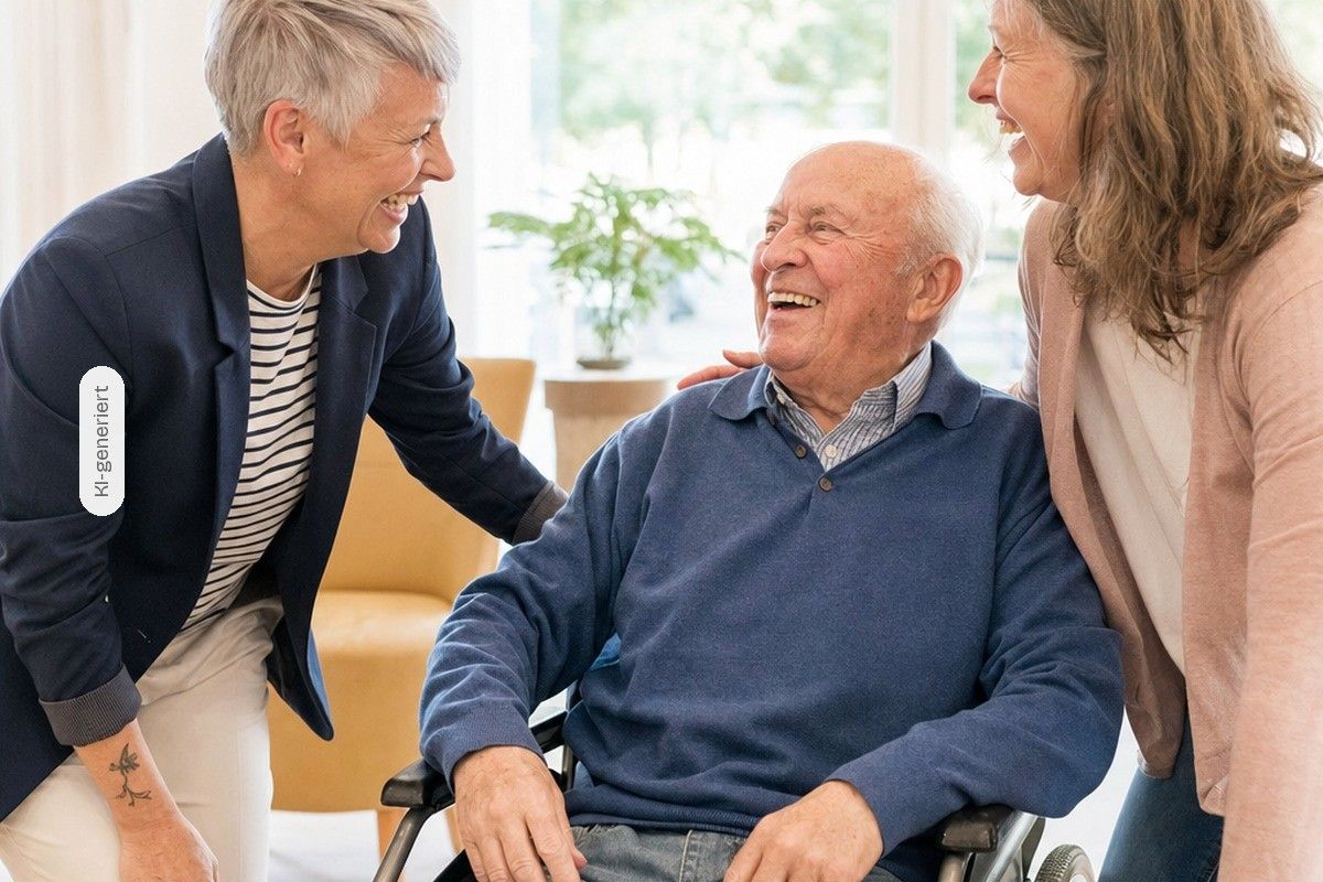 KI-generiert: Zwei Leitungskräfte stehen lachend bei einem Senior im Rollstuhl