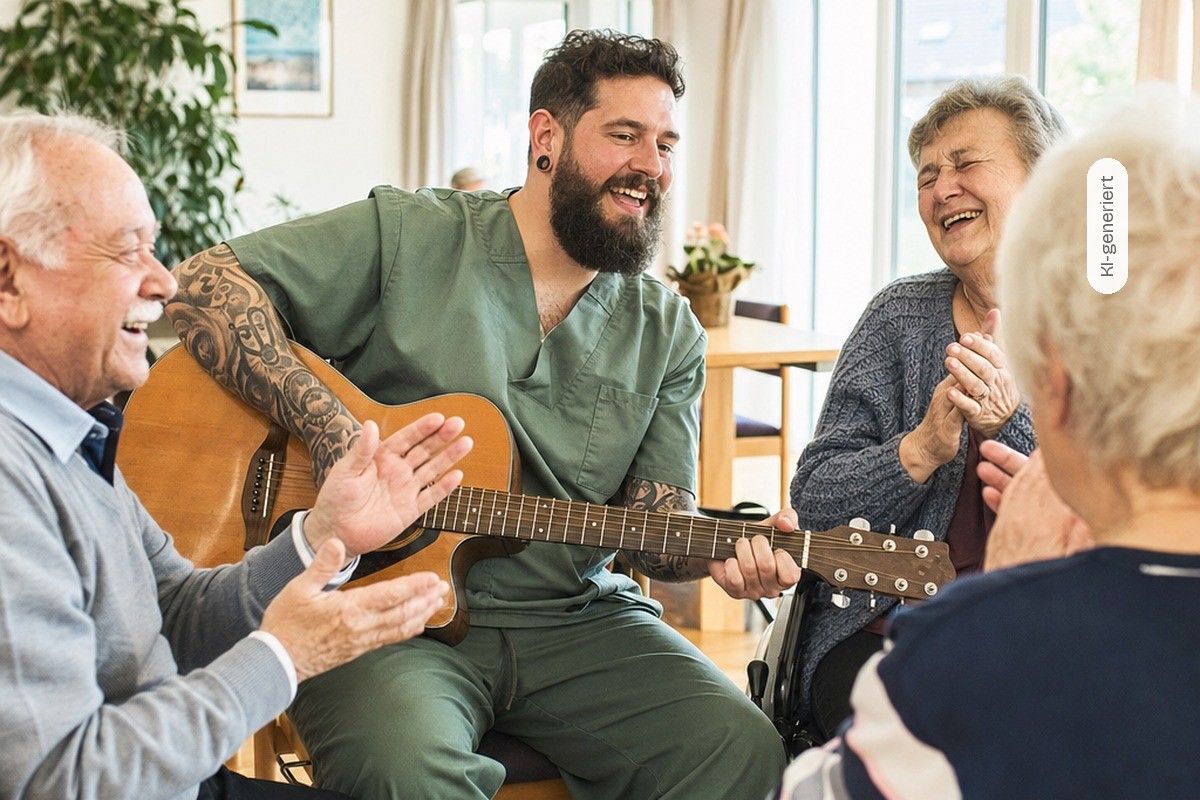 KI-generiert: Ein Pfleger spielt Gitarre, Seniorinnen und Senioren klatschen und lachen