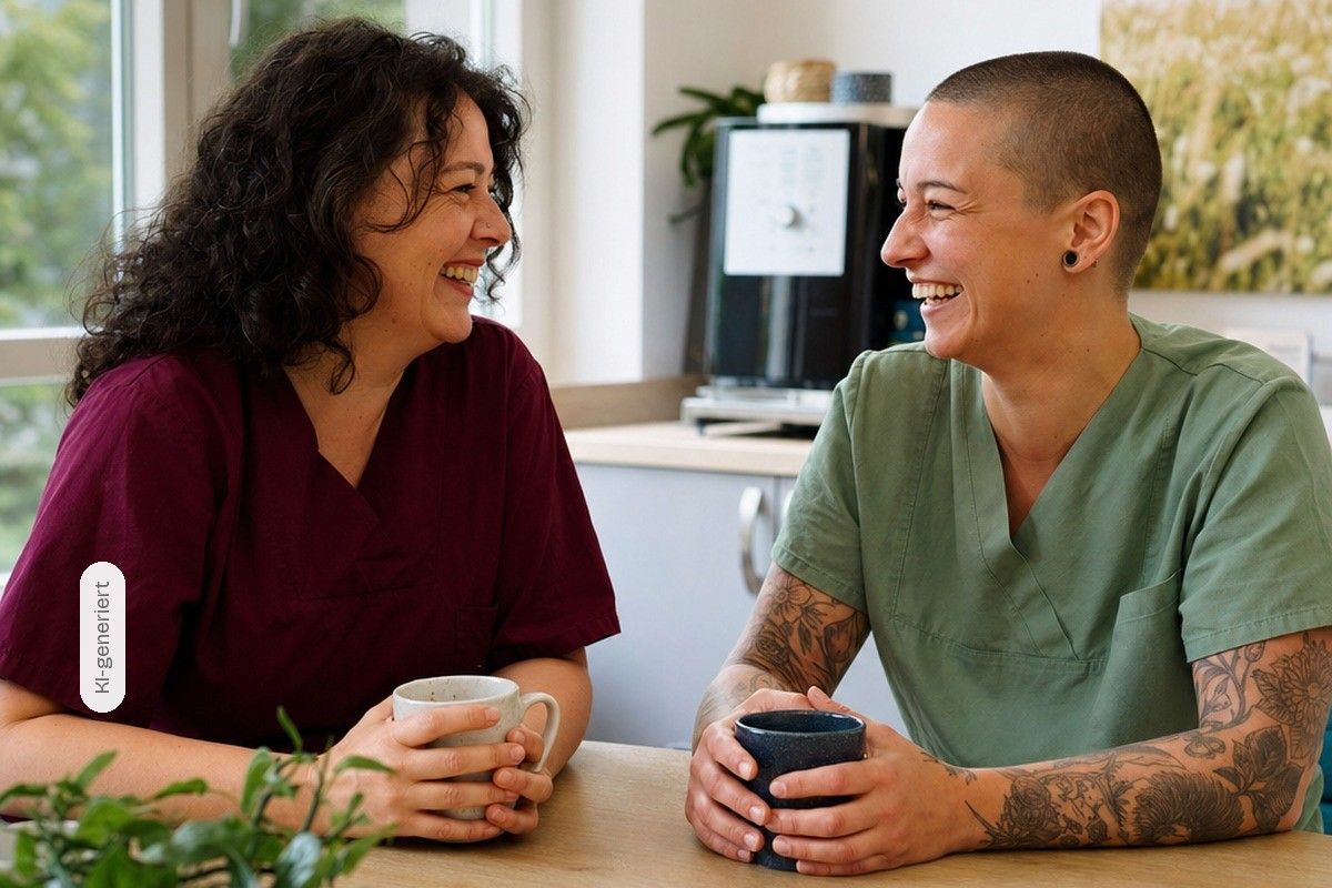 KI-generiert: Zwei Pflegekräfte sitzen lachend mit Kaffeetassen am Tisch