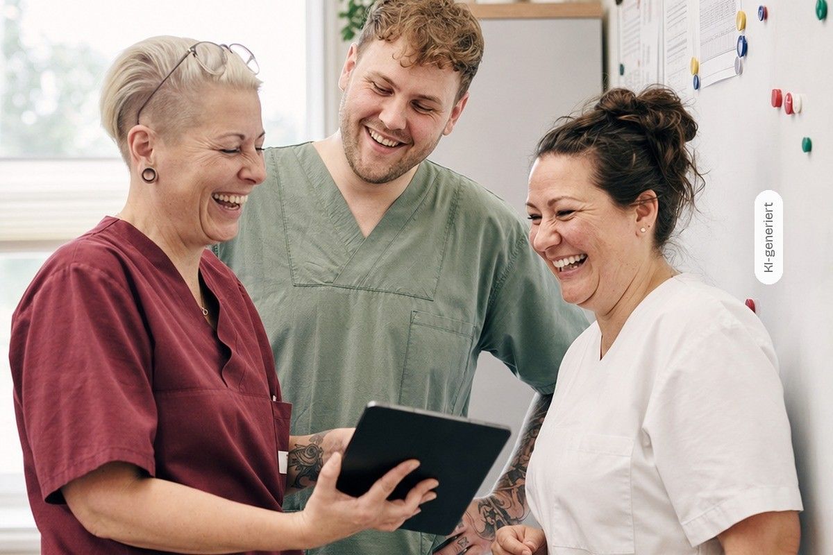 KI-generiert: Drei Pflegekräfte lachen vor einer Dienstplan-Tafel, eine hält ein Tablet