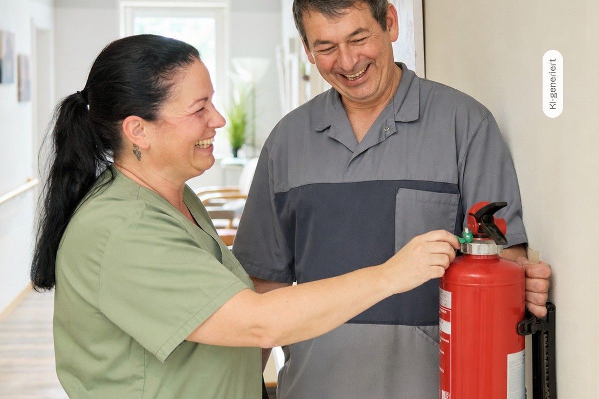 KI-generiert: Eine Pflegekraft und ein Haustechniker hängen lachend einen Feuerlöscher an die Wand