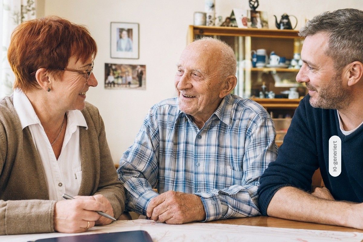 KI-generiert: Zwei Beratende sitzen mit einem Senior am Tisch, vor ihnen eine Mappe und Unterlagen